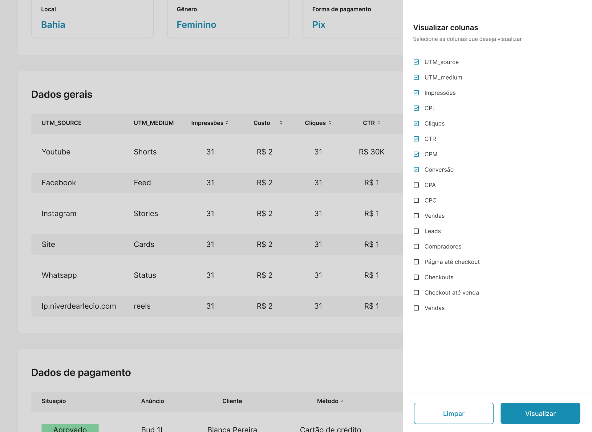 Tabela configurável com painel para visualizar colunas