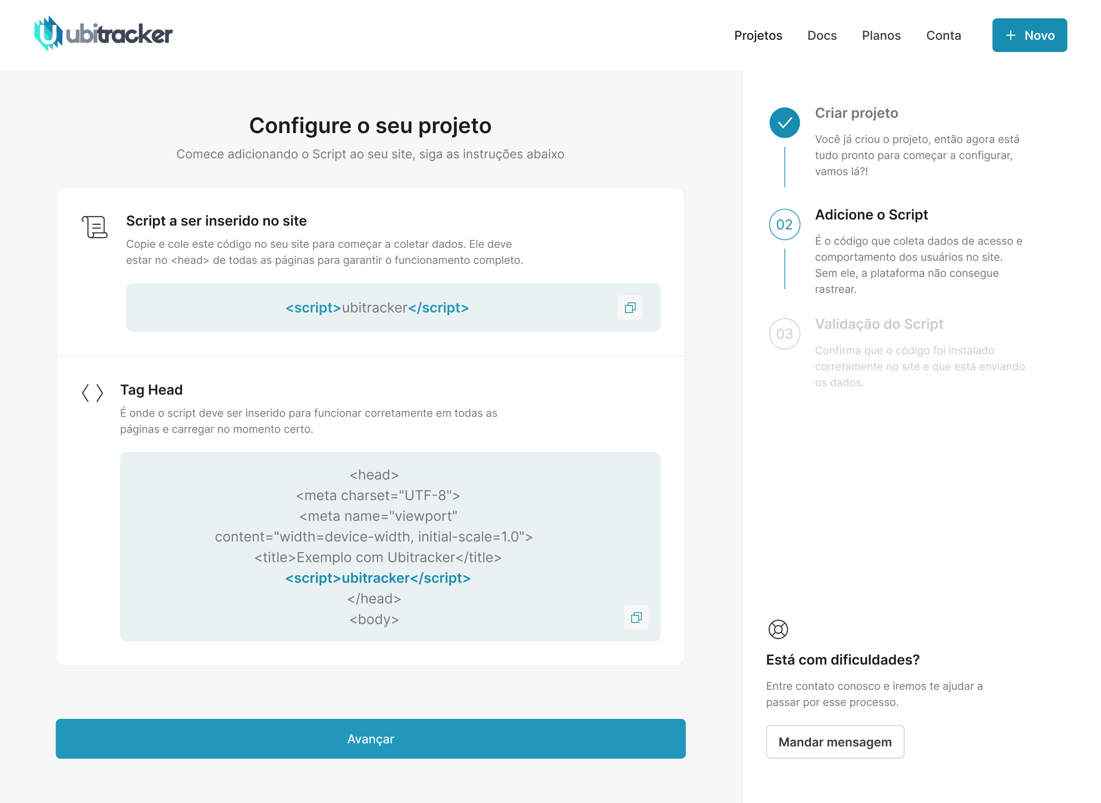Fluxo de onboarding guiado do Ubitracker