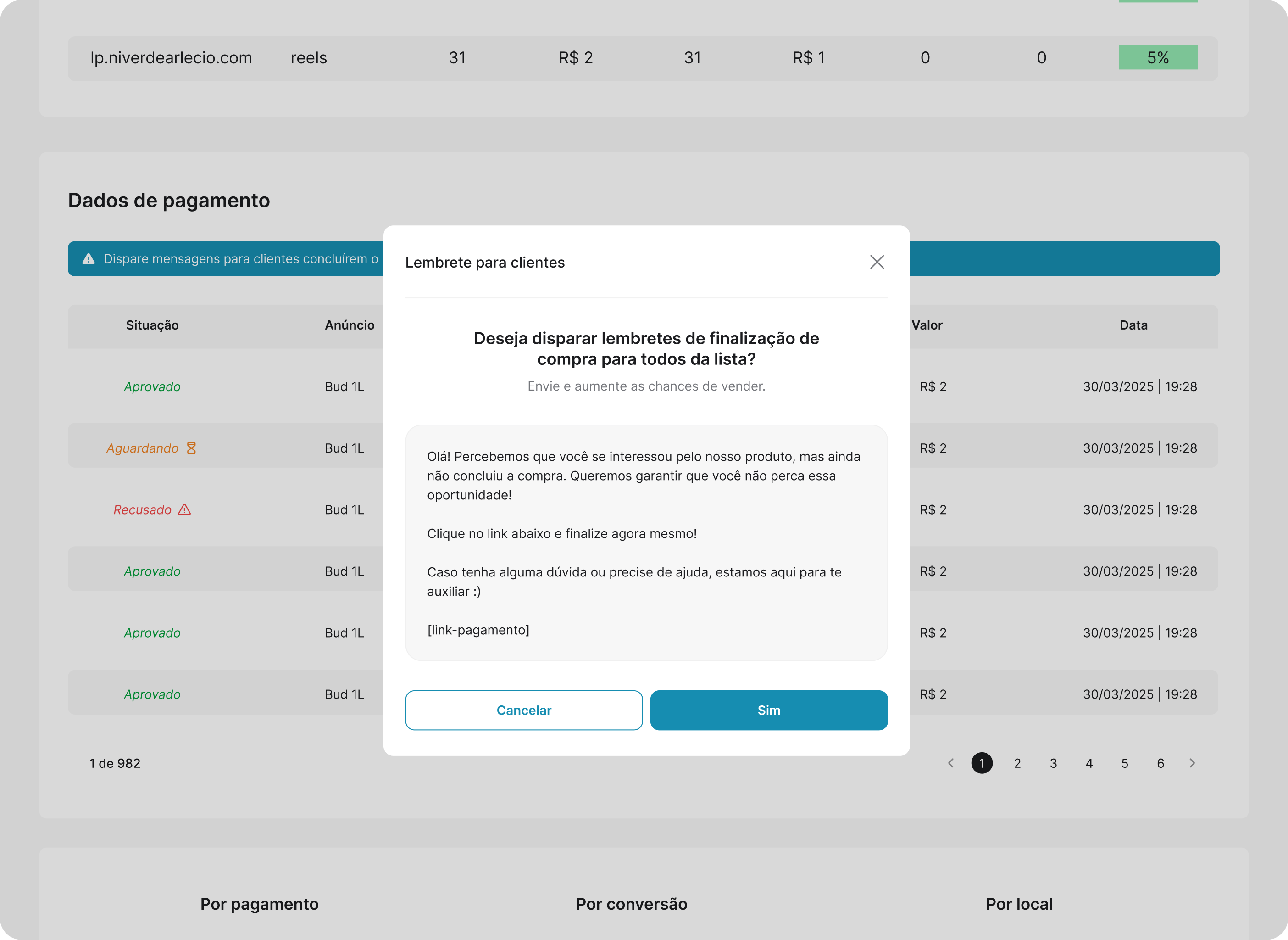 Modal de mensagem para recuperação de pagamento
