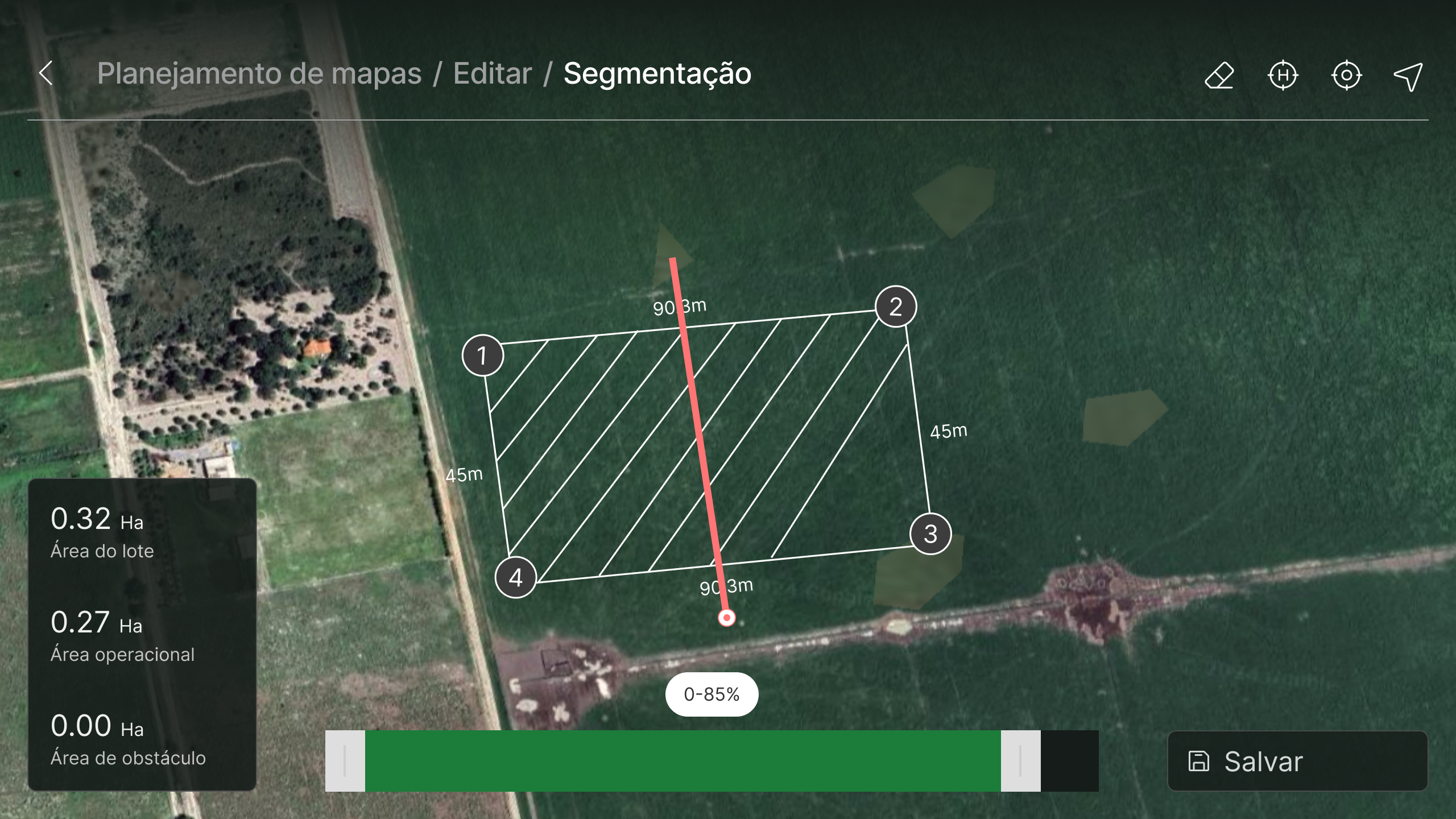 Tela de segmentação com ajuste de tamanho da área