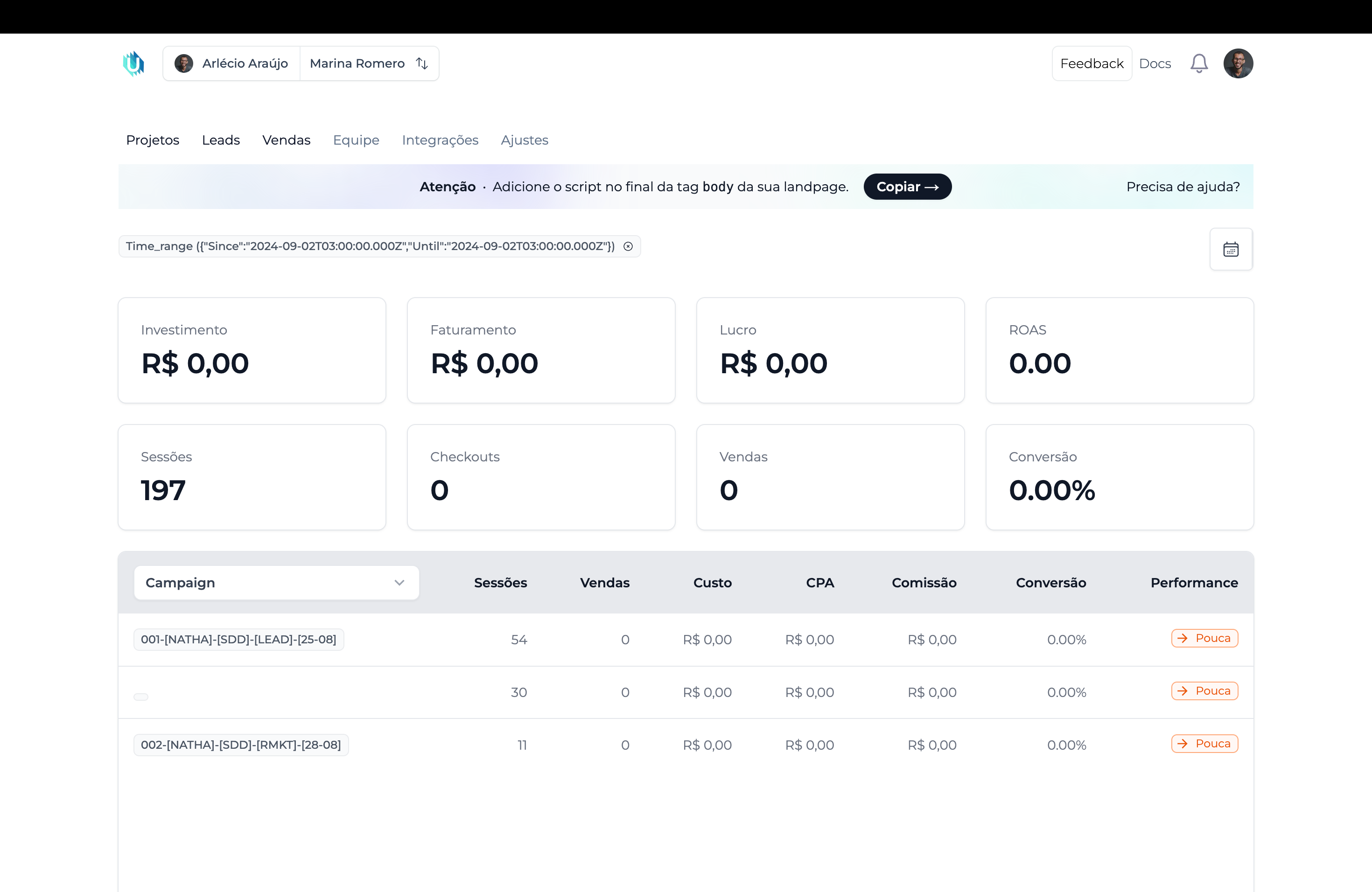 Dashboard anterior do Ubitracker