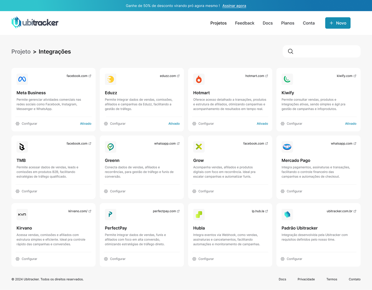 Nova tela de integrações do Ubitracker