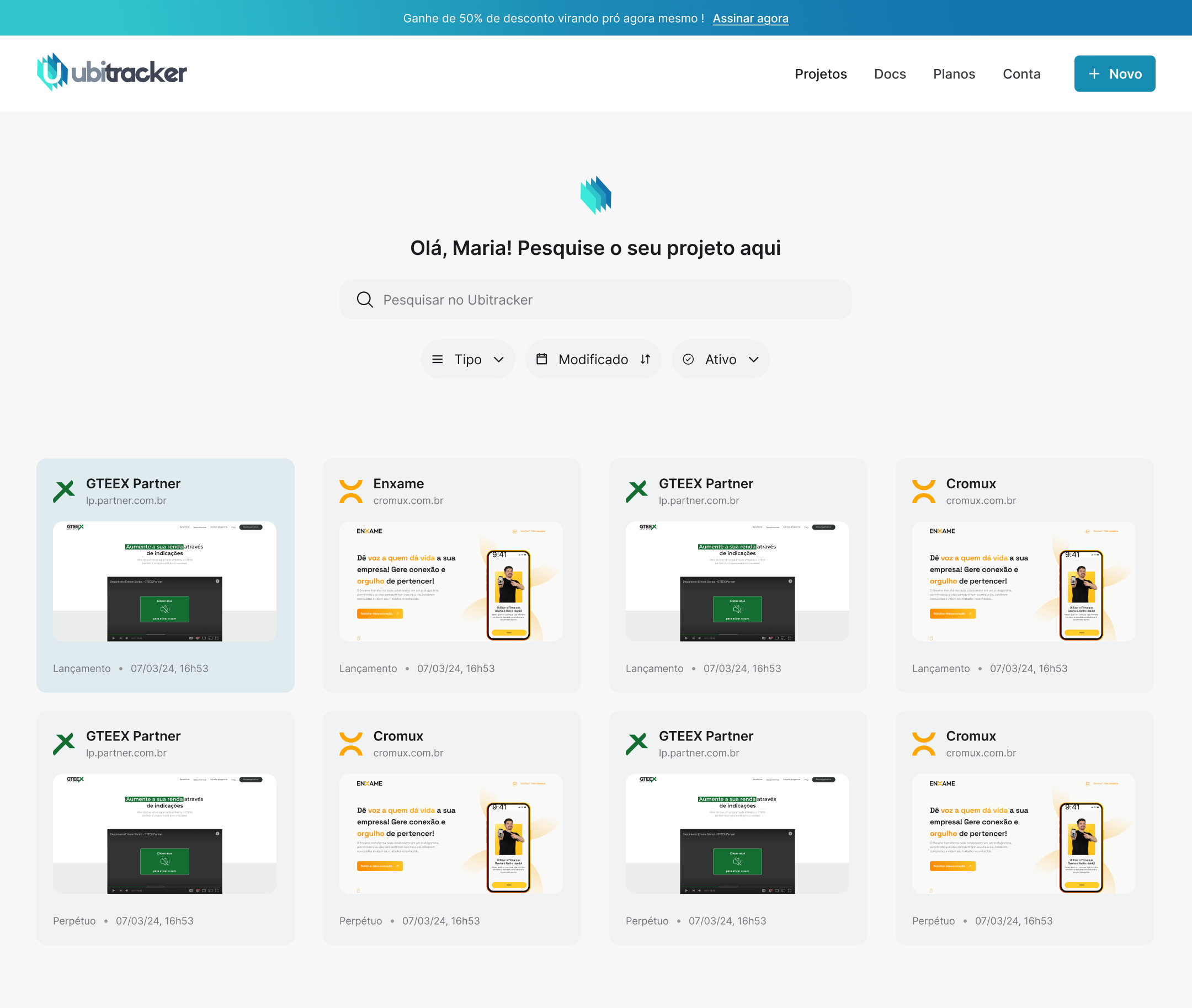 Nova tela inicial de projetos Ubitracker
