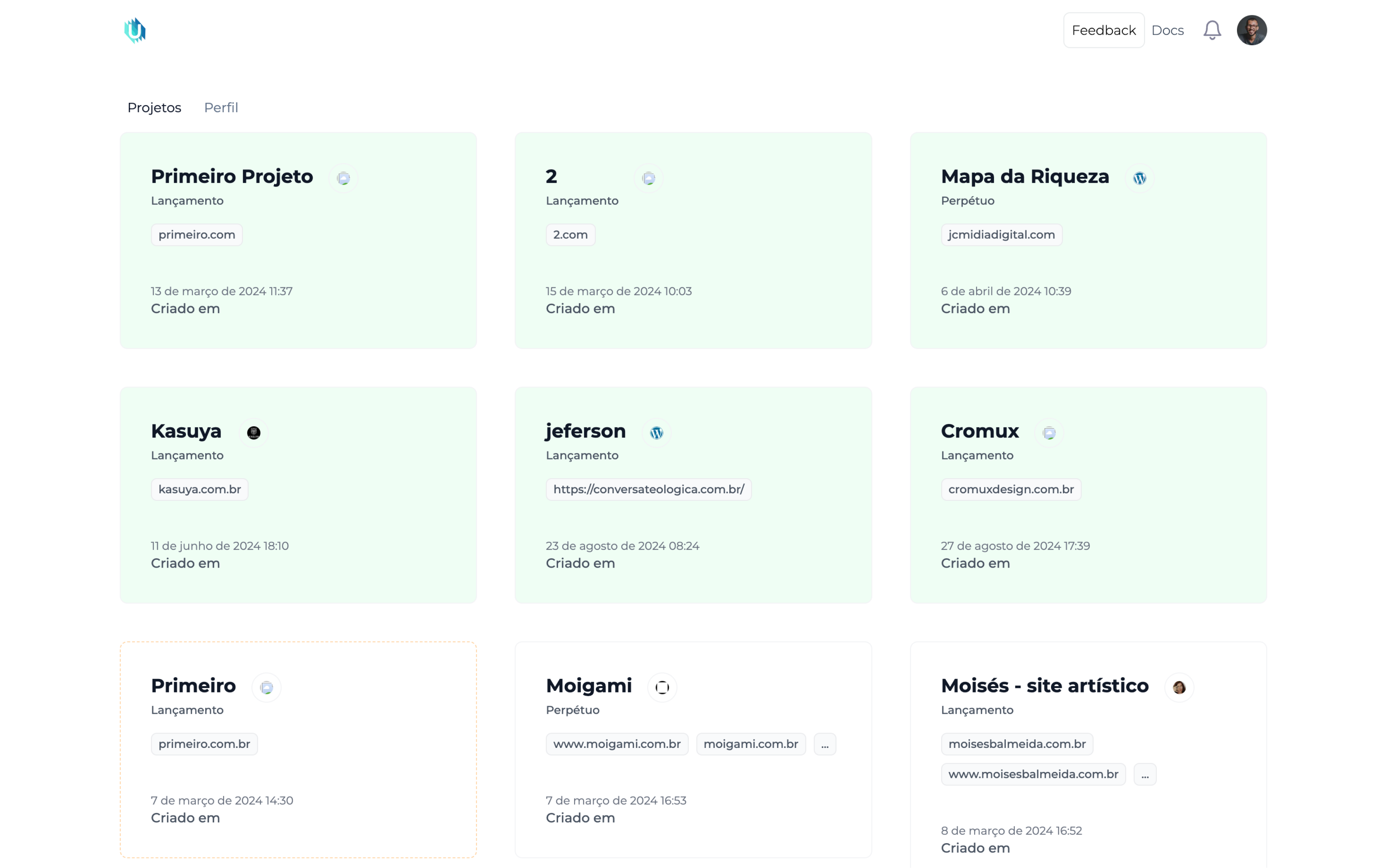 Lista anterior de projetos Ubitracker